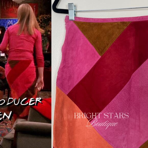Rare Colorblock Suede Skirt ASO Phoebe Buffay Friends Pink Red Brown Patchwork - Picture 3 of 11